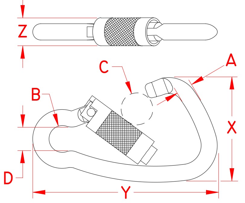 Auto Lock Harness Clip, Stainless Steel, Aluminum or Zinc-plated Carbon Steel, A0146-0012, S0146-0012, Z0146-0012, Line Drawing